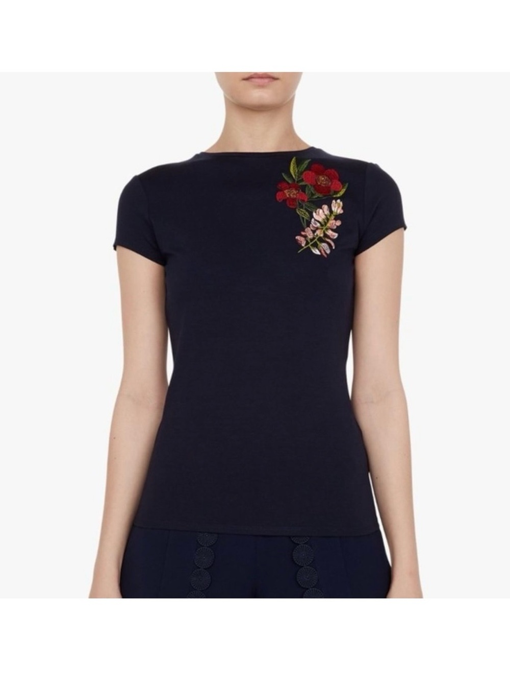 Ted Baker London - Laylor Kirstenbosch Navy Short-Sleeve Tee w/Floral Embroidery